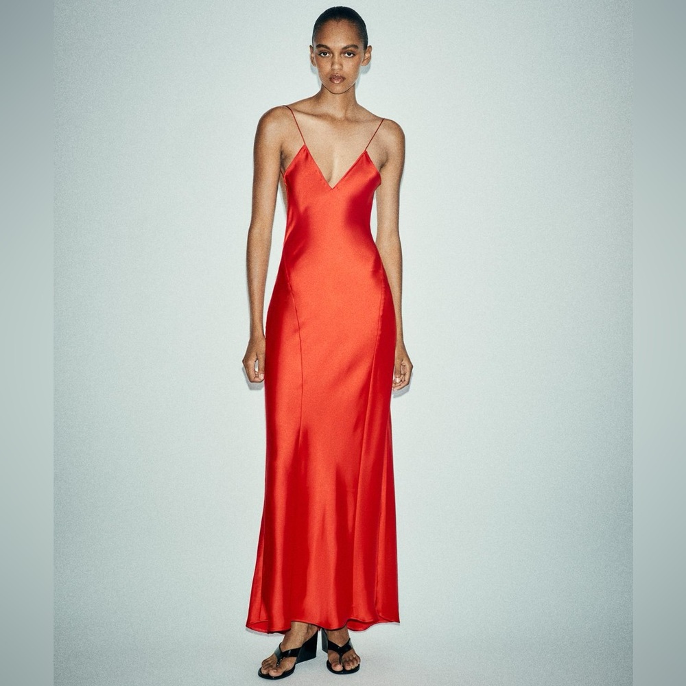 Zara NWT Romantic Blood Red Satin Effect V Neck Open Back Maxi Dress (Size XS)